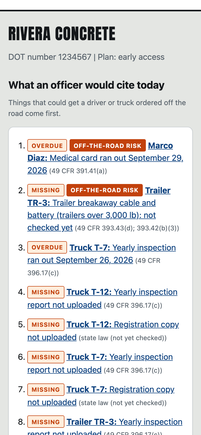 The home screen: a list of what an officer would cite today, with off-the-road risks first