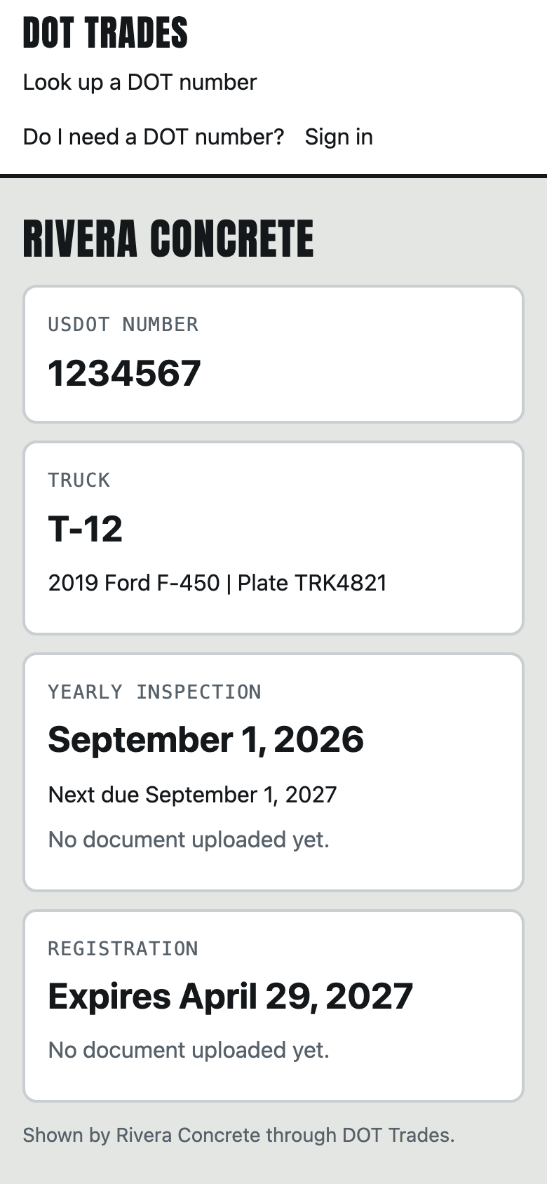 The roadside page for one truck: DOT number, yearly inspection date and registration